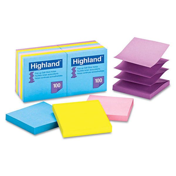 Highland™ Self-Stick Pop-up Notes, 3" x 3", Assorted Bright Colors, 100 Sheets/Pad, 12 Pads/Pack (MMM6549PUB)