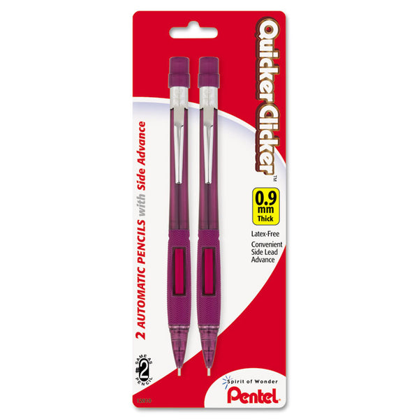 Pentel® Quicker Clicker Mechanical Pencil, 0.9 mm, HB (#2), Black Lead, Burgundy Barrel, 2/Pack (PENPD349BP2K6)