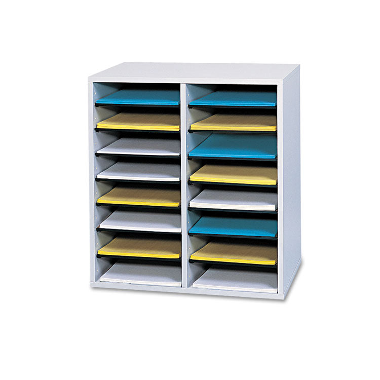 Safco® Wood/Laminate Literature/CD Sorter, 16 Compartments, 19.5 x 11.75 x 21, Gray Wood (SAF9422GR) Each