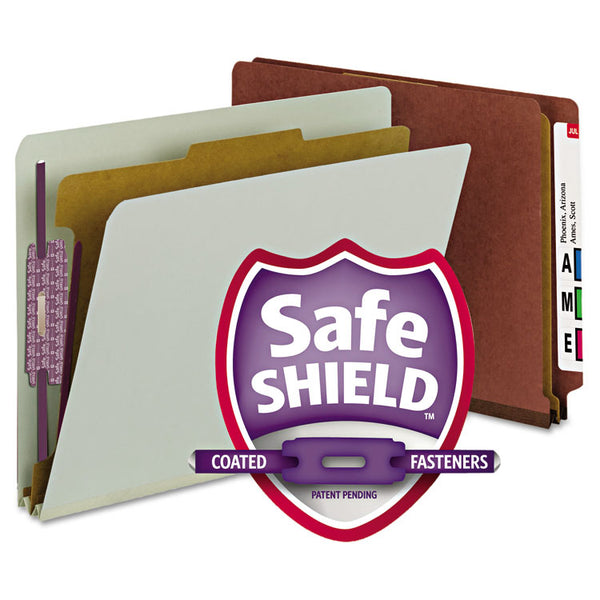Smead™ End Tab Pressboard Classification Folders, Four SafeSHIELD Fasteners, 2" Expansion, 1 Divider, Letter Size, Red, 10/Box (SMD26855)