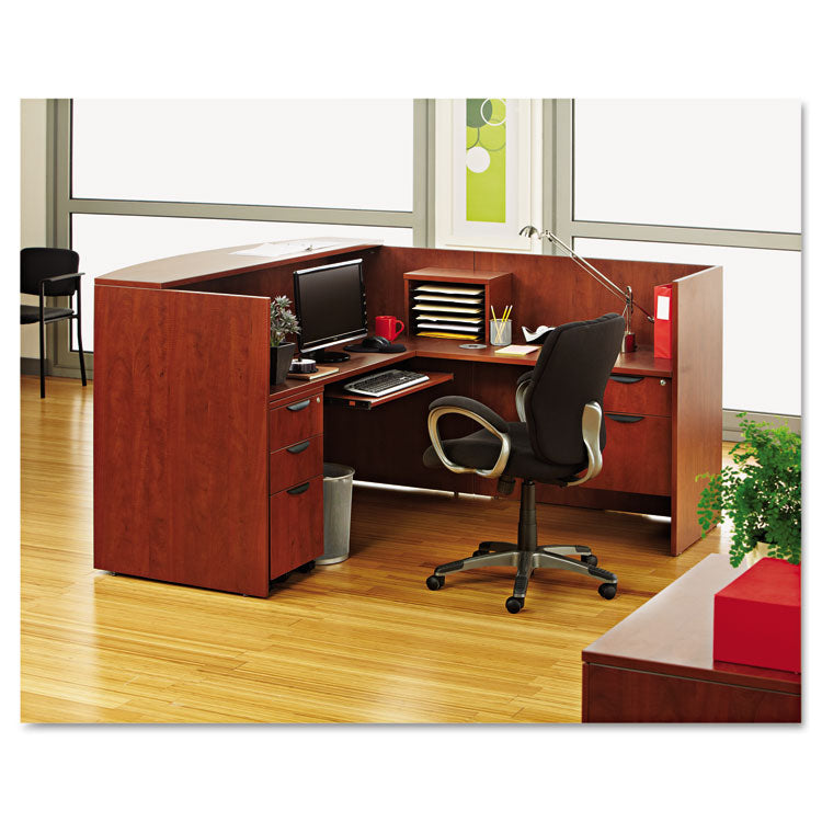 Alera® Alera Valencia Series Reception Desk with Transaction Counter, 71" x 35.5" x 29.5" to 42.5", Medium Cherry (ALEVA327236MC)