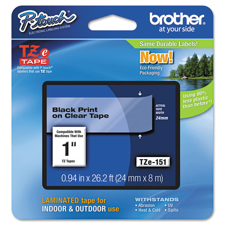 Brother P-Touch® TZe Standard Adhesive Laminated Labeling Tape, 0.94" x 26.2 ft, Black on Clear (BRTTZE151)