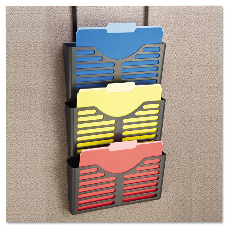 Universal® Recycled Plastic Cubicle Triple File Pocket, Cubicle Pins Mount, 13.5 x 4.75 x 28, Charcoal (UNV08163) Pack of 3
