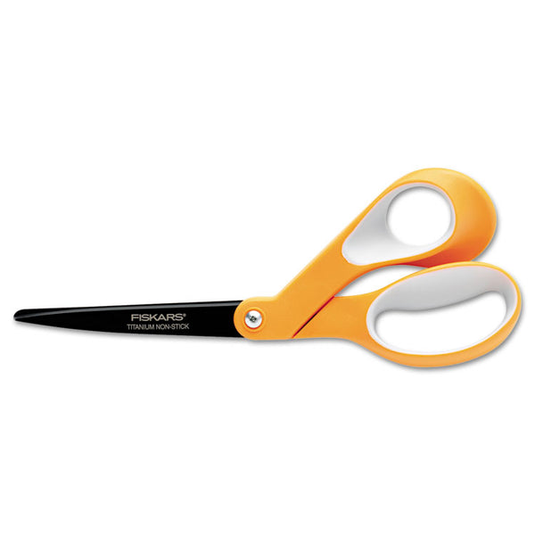 Fiskars® Premier Non-Stick Titanium Softgrip Scissors, 8" Long, 3.1" Cut Length, Orange/Gray Offset Handle (FSK1539001006)