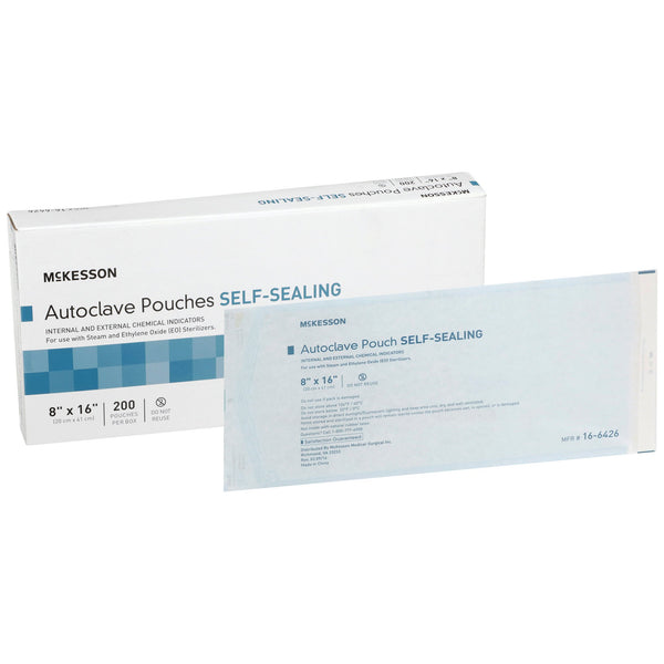 McKesson Sterilization Pouch Ethylene Oxide (EO) Gas / Steam 8 X 16 Inch Transparent Blue / White Self Seal Paper / Film (960946_CS) 1000/CS