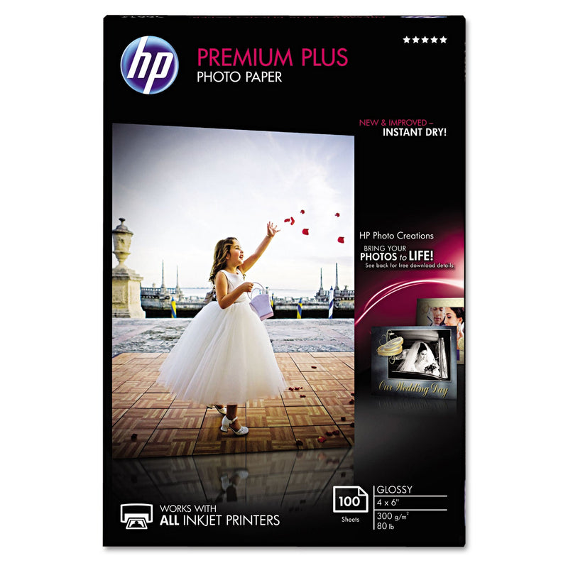 HP Premium Plus Photo Paper, 11.5 mil, 4 x 6, Glossy White, 100/Pack (HEWCR668A)