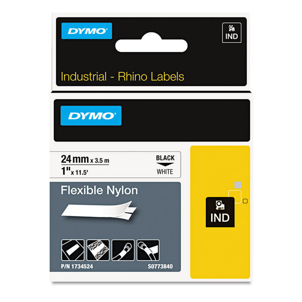 DYMO® Rhino Flexible Nylon Industrial Label Tape, 1" x 11.5 ft, White/Black Print (DYM1734524)