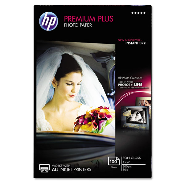 HP Premium Plus Photo Paper, 11.5 mil, 4 x 6, Soft-Gloss White, 100/Pack (HEWCR666A)