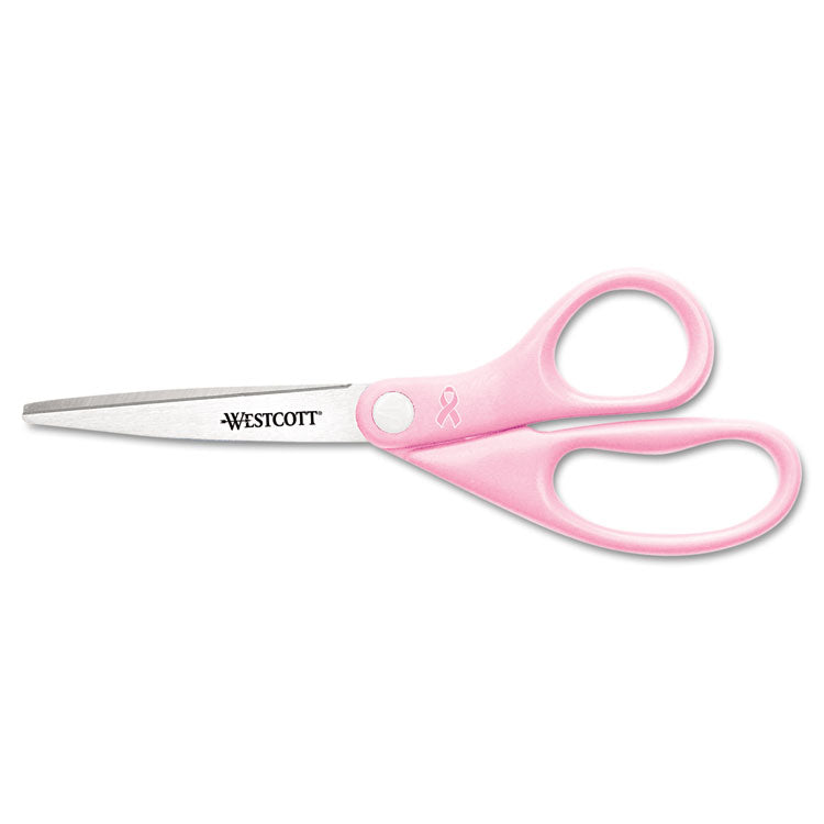 Westcott® All Purpose Pink Ribbon Scissors, 8" Long, 3.5" Cut Length, Pink Straight Handle (ACM15387) Each