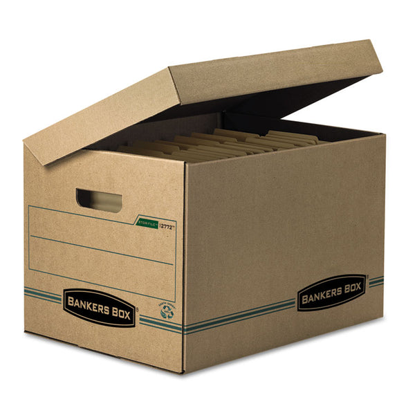 Bankers Box® SYSTEMATIC Basic-Duty Attached Lid Storage Boxes, Letter/Legal Files, Kraft/Green, 12/Carton (FEL12772) Carton of 12