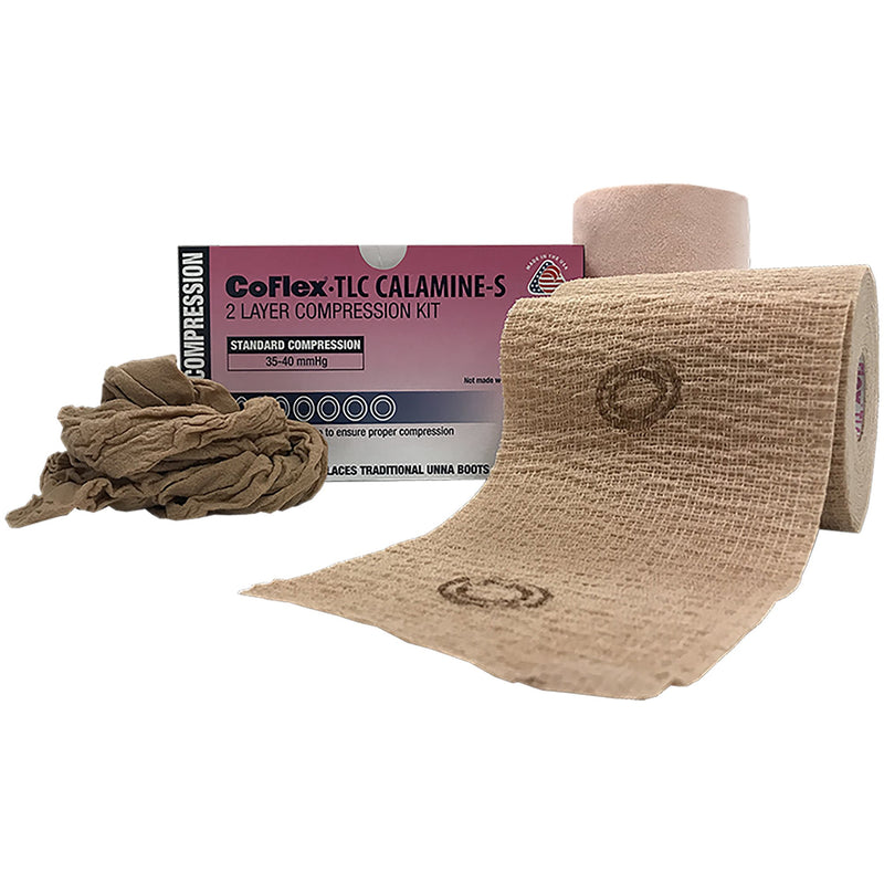 CoFlex® TLC Calamine with Indicators 2 Layer Compression Bandage System 4 Inch X 6 Yard / 4 Inch X 7 Yard Self-Adherent / Pull On Closure Tan NonSterile 35 to 40 mmHg (1087840_BX) 2/BX