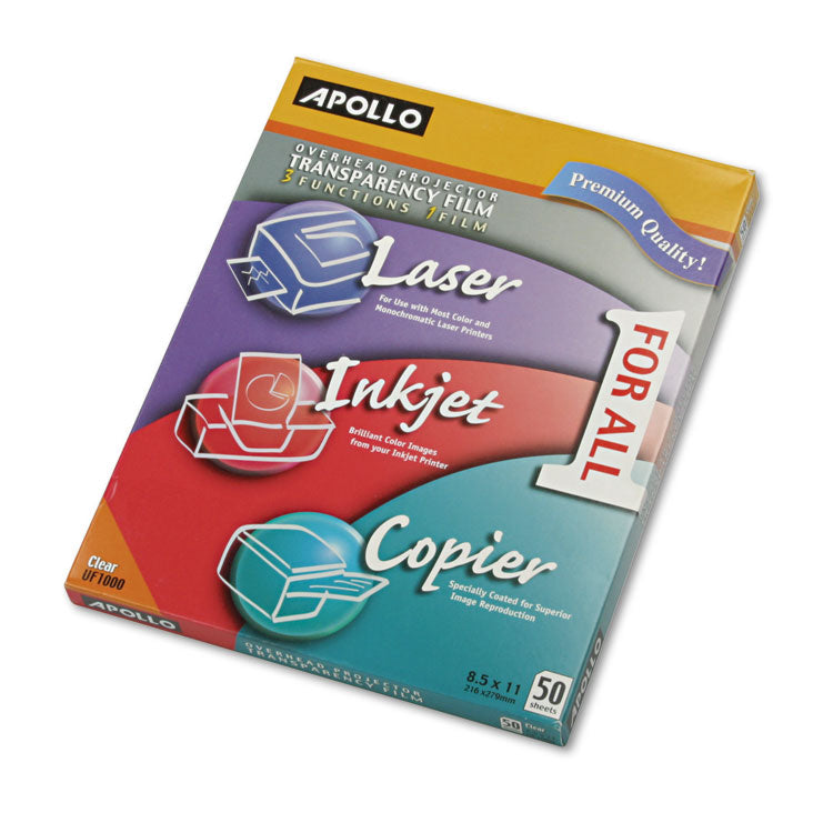 Apollo® Color Laser/Inkjet Transparency Film, 8.5 x 11, 50/Box (APOUF1000E) Box of 50