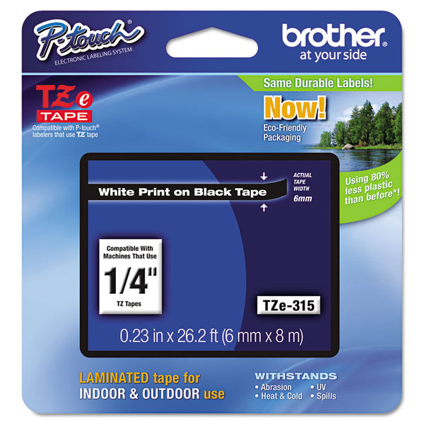 Brother P-Touch® TZe Standard Adhesive Laminated Labeling Tape, 0.23" x 26.2 ft, White on Black (BRTTZE315)