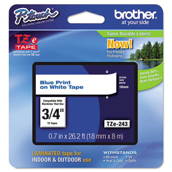 Brother P-Touch® TZe Standard Adhesive Laminated Labeling Tape, 0.7" x 26.2 ft, Blue on White (BRTTZE243)