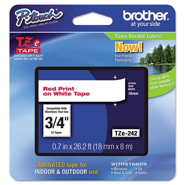 Brother P-Touch® TZe Standard Adhesive Laminated Labeling Tape, 0.7" x 26.2 ft, Red on White (BRTTZE242)