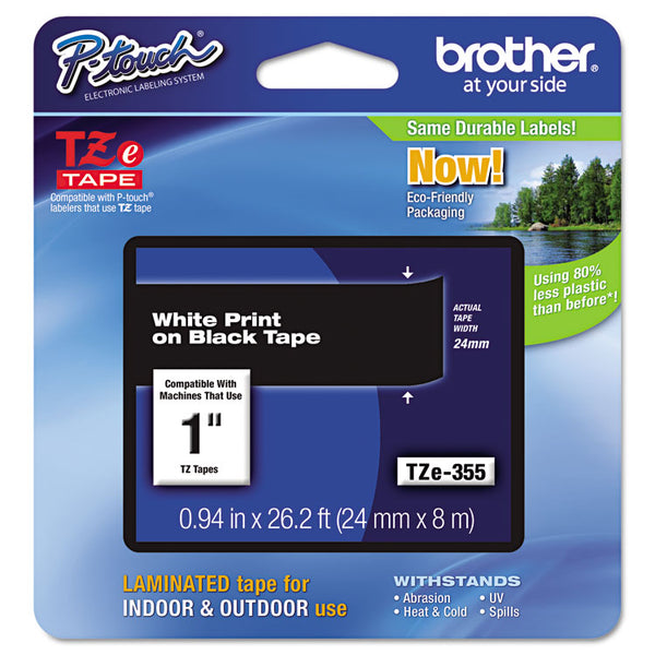 Brother P-Touch® TZe Standard Adhesive Laminated Labeling Tape, 0.94" x 26.2 ft, White on Black (BRTTZE355)