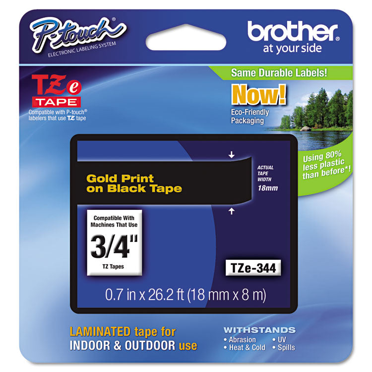 Brother P-Touch® TZe Standard Adhesive Laminated Labeling Tape, 0.7" x 26.2 ft, Gold on Black (BRTTZE344)