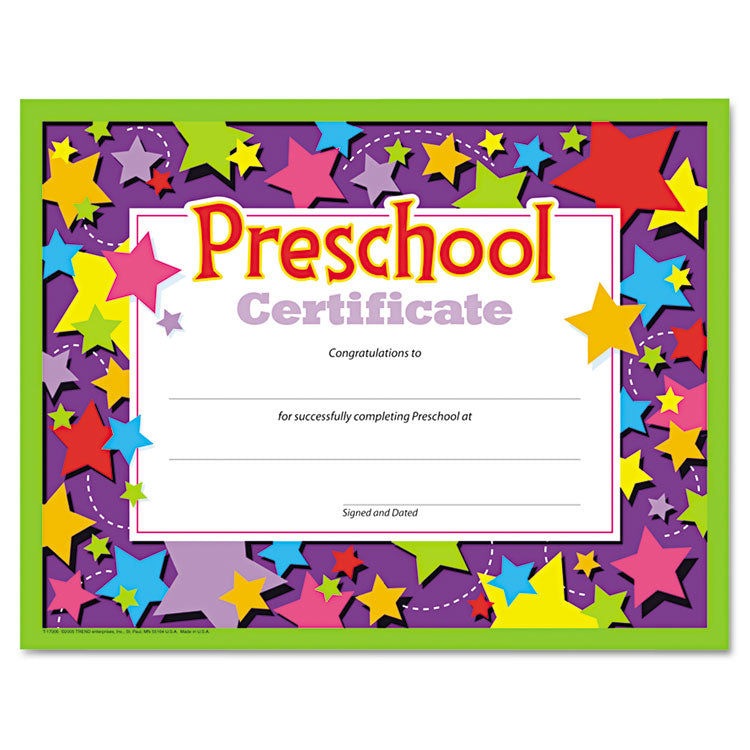 TREND® Colorful Classic Certificates, Preschool Diploma, 11 x 8.5, Horizontal Orientation, Assorted Colors, 30/Pack (TEPT17006) Each