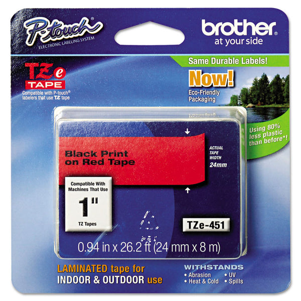 Brother P-Touch® TZe Standard Adhesive Laminated Labeling Tape, 0.94" x 26.2 ft, Black on Red (BRTTZE451)