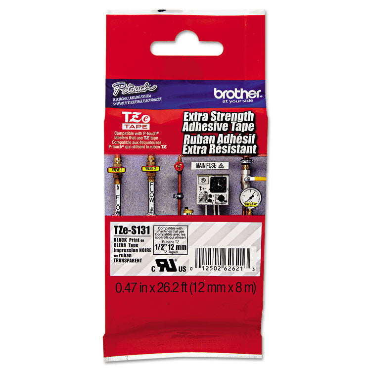 Brother P-Touch® TZe Extra-Strength Adhesive Laminated Labeling Tape, 0.47" x 26.2 ft, Black on Clear (BRTTZES131) Each