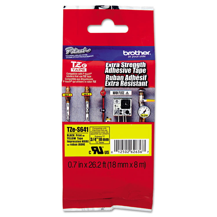 Brother P-Touch® TZe Extra-Strength Adhesive Laminated Labeling Tape, 0.7" x 26.2 ft, Black on Yellow (BRTTZES641) Each