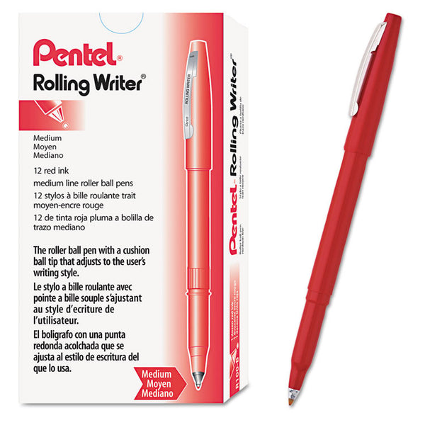 Pentel® Rolling Writer Roller Ball Pen, Stick, Medium 0.8 mm, Red Ink, Red Barrel, Dozen (PENR100B) 1 Dozen