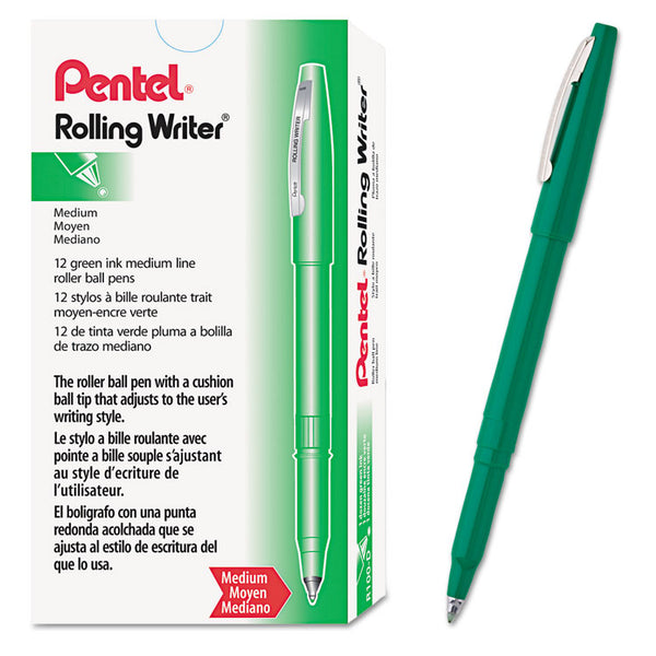 Pentel® Rolling Writer Roller Ball Pen, Stick, Medium 0.8 mm, Green Ink, Green Barrel, Dozen (PENR100D) 1 Dozen