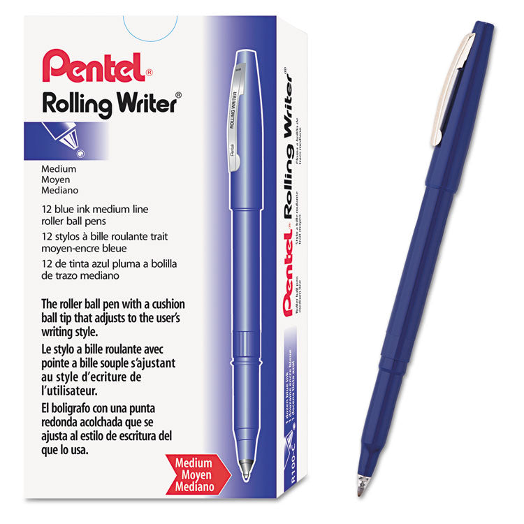 Pentel® Rolling Writer Roller Ball Pen, Stick, Medium 0.8 mm, Blue Ink, Blue Barrel, Dozen (PENR100C) 1 Dozen