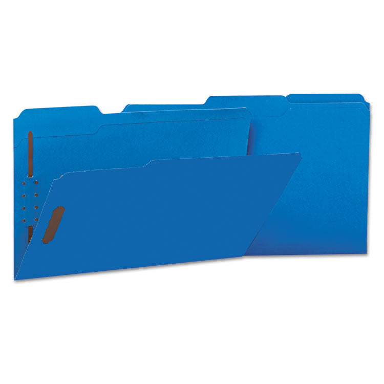 Universal® Deluxe Reinforced Top Tab Fastener Folders, 0.75" Expansion, 2 Fasteners, Legal Size, Blue Exterior, 50/Box (UNV13525)