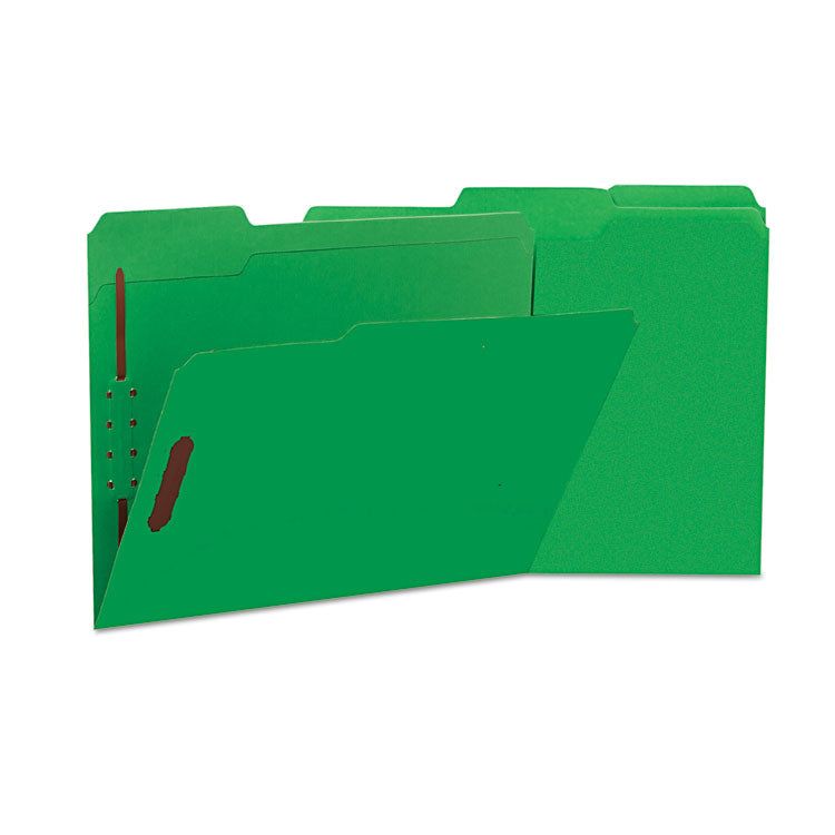 Universal® Deluxe Reinforced Top Tab Fastener Folders, 0.75" Expansion, 2 Fasteners, Letter Size, Green Exterior, 50/Box (UNV13522) Box of 50