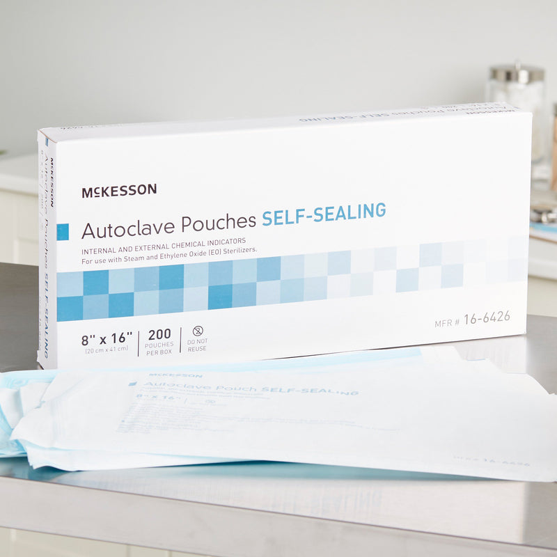 McKesson Sterilization Pouch Ethylene Oxide (EO) Gas / Steam 8 X 16 Inch Transparent Blue / White Self Seal Paper / Film (960946_BX) 200/BX