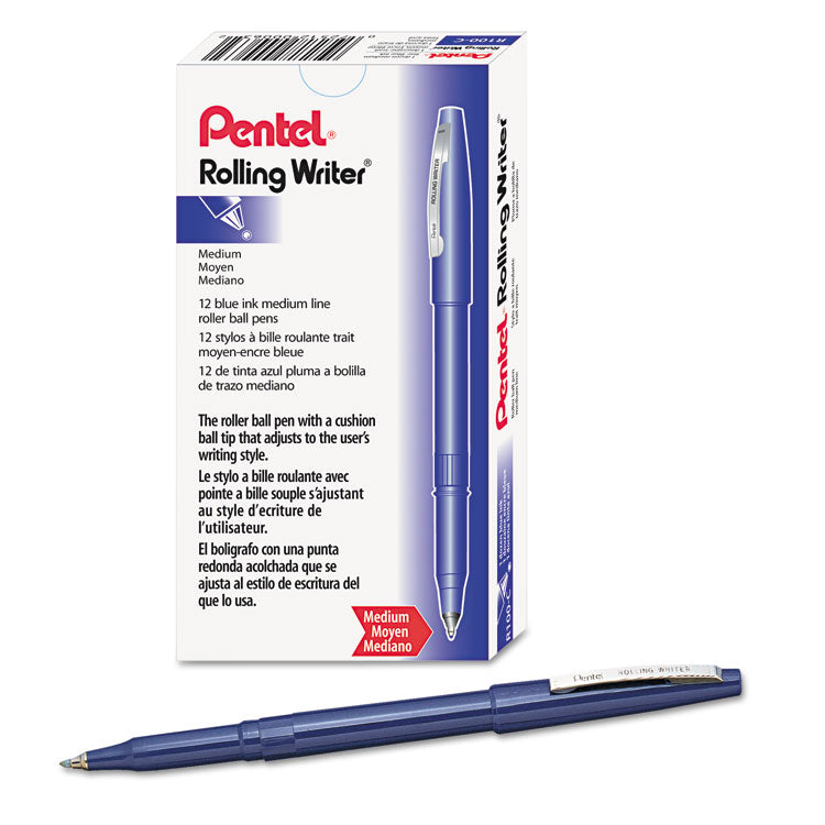 Pentel® Rolling Writer Roller Ball Pen, Stick, Medium 0.8 mm, Blue Ink, Blue Barrel, Dozen (PENR100C) 1 Dozen