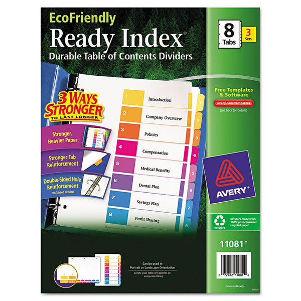 Avery® Customizable Table of Contents Ready Index Dividers with Multicolor Tabs, 8-Tab, 1 to 8, 11 x 8.5, White, 3 Sets (AVE11081)