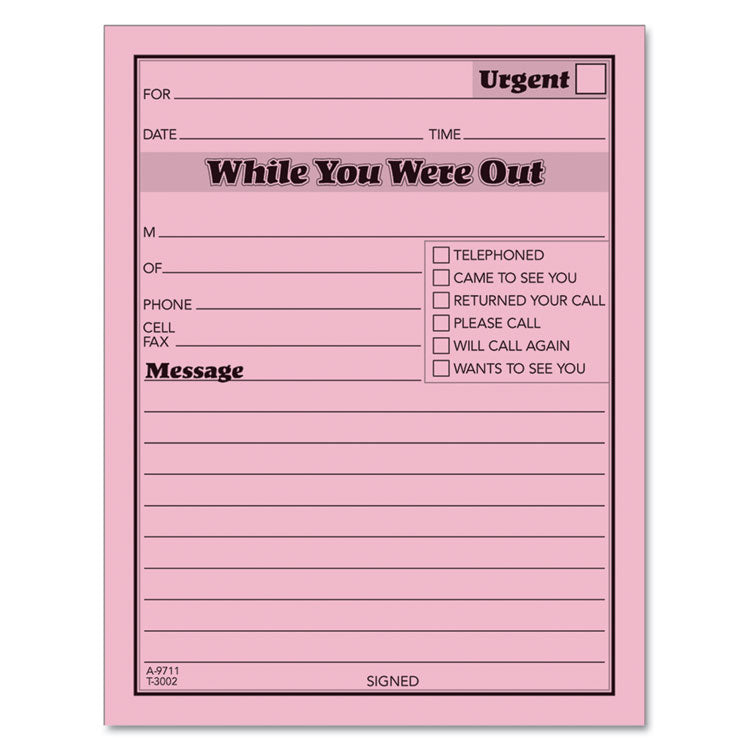 TOPS™ Pink Message Pad, One-Part (No Copies), 4.25 x 5.5, 50 Forms/Pad, 12 Pads/Pack (TOP3002P) Case of 12