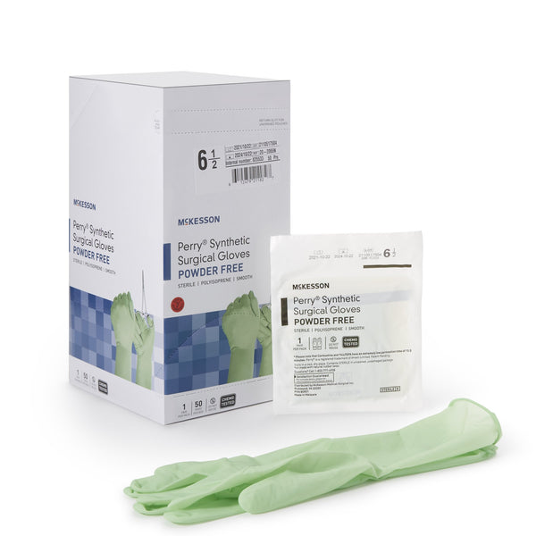 McKesson Perry® Performance Plus Surgical Glove Size 6.5 Sterile Polyisoprene Standard Cuff Length Smooth Green Chemo Tested (1044721_BX) 50/BX