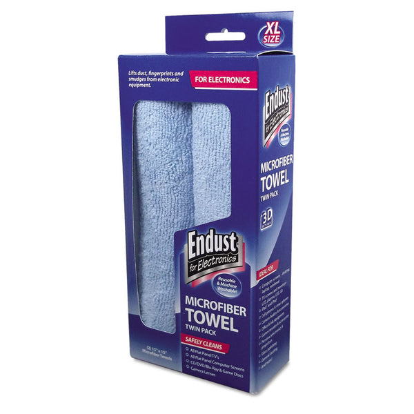 Endust® for Electronics Large-Sized Microfiber Towels Two-Pack, 15 x 15, Unscented, Blue, 2/Pack (END11421)