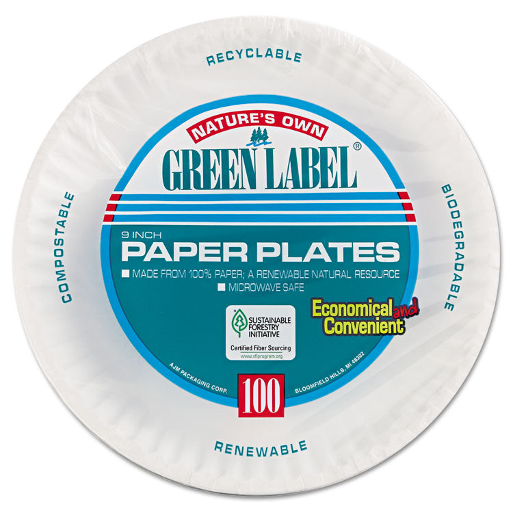 AJM Packaging Corporation Paper Plates, 9" dia, White, 100/Pack (AJMPP9GRAWHPK)