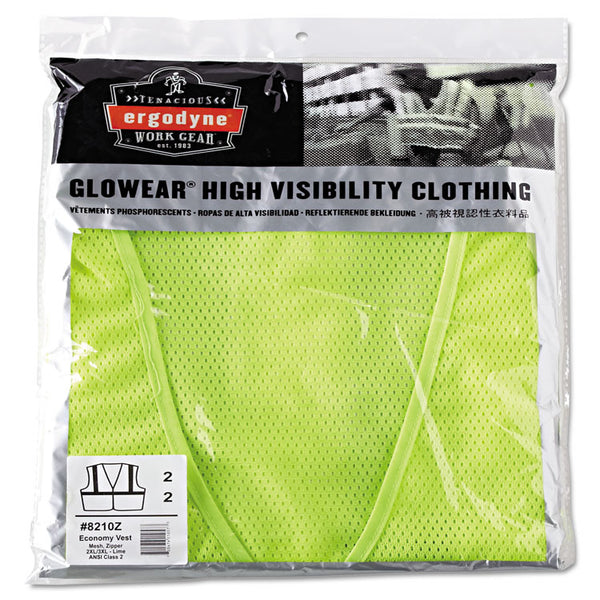 ergodyne® GloWear 8210Z Class 2 Economy Vest, Polyester Mesh, Zipper Closure, 2X-Large to 3X-Large, Lime (EGO21057) Each