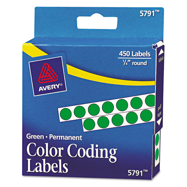 Avery® Handwrite-Only Permanent Self-Adhesive Round Color-Coding Labels in Dispensers, 0.25" dia, Green, 450/Roll, (5791) (AVE05791)