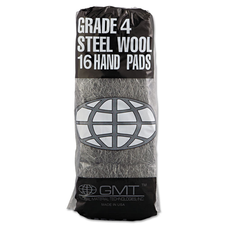 GMT Industrial-Quality Steel Wool Hand Pads, #4 Extra Coarse, Steel Gray, 16 Pads/Sleeve, 12 Sleeves/Carton (GMA117007)