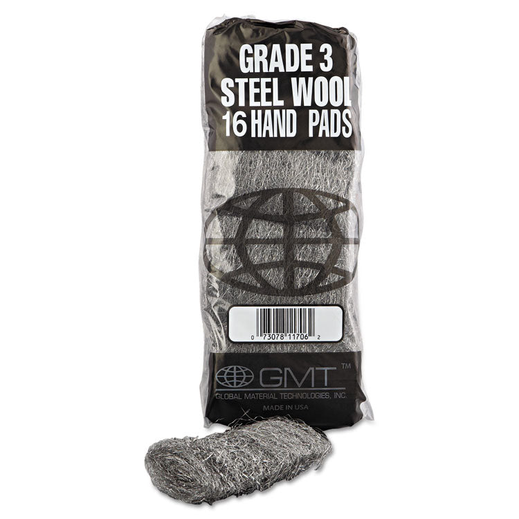 GMT Industrial-Quality Steel Wool Hand Pads, #3 Medium, Steel Gray, 16 Pads/Sleeve, 12 Sleeves/Carton (GMA117006)