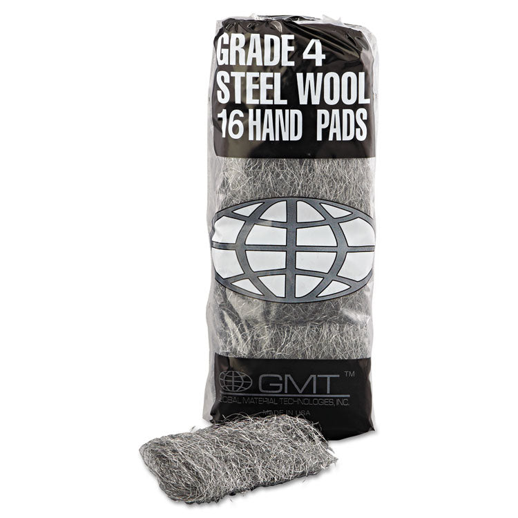 GMT Industrial-Quality Steel Wool Hand Pads, #4 Extra Coarse, Steel Gray, 16 Pads/Sleeve, 12 Sleeves/Carton (GMA117007)