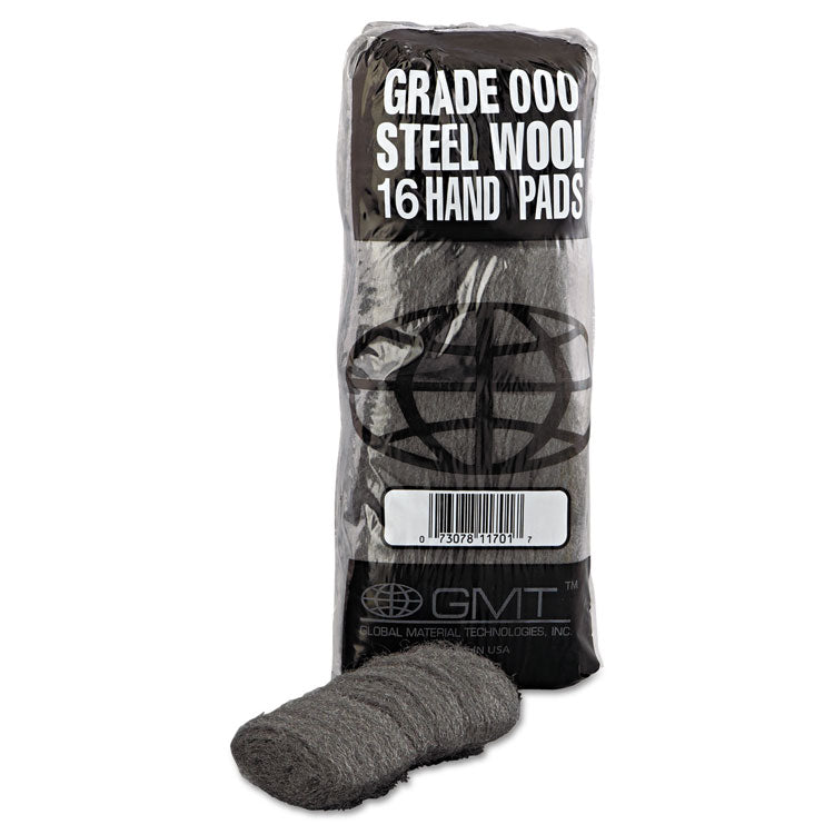 GMT Industrial-Quality Steel Wool Hand Pads, #000 Extra Fine, Steel Gray, 16 Pads/Sleeve, 12 Sleeves/Carton (GMA117001)