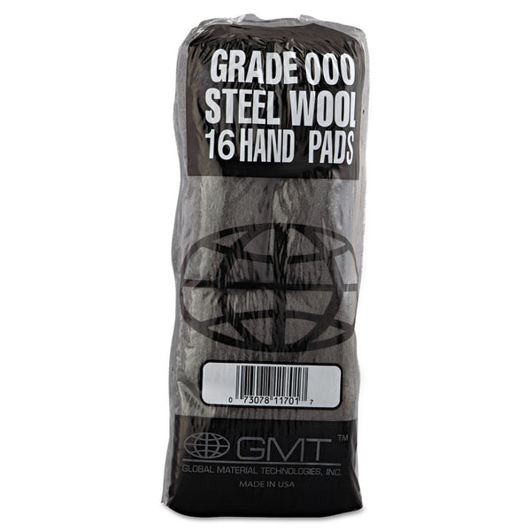 GMT Industrial-Quality Steel Wool Hand Pads, #000 Extra Fine, Steel Gray, 16 Pads/Sleeve, 12 Sleeves/Carton (GMA117001)