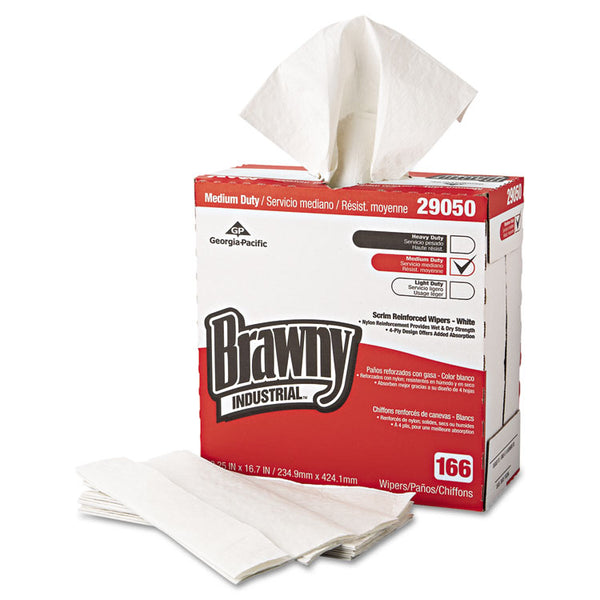 Brawny® Professional Medium Duty Scrim Reinforced Wipers, 4-Ply, 9.25 x 16.69, Unscented, White, 166/Box, 5 Boxes/Carton (GPC2905003)