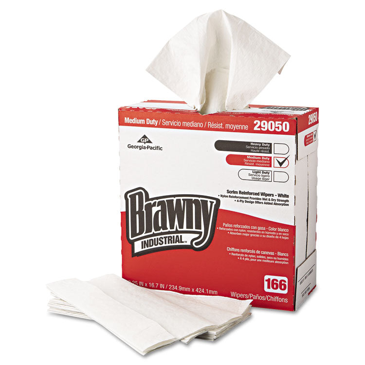 Brawny® Professional Medium Duty Scrim Reinforced Wipers, 4-Ply, 9.25 x 16.69, Unscented, White, 166/Box, 5 Boxes/Carton (GPC2905003)