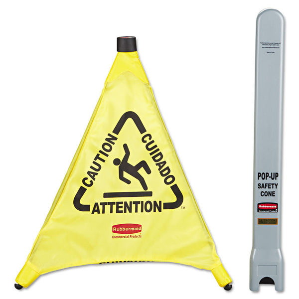 Rubbermaid® Commercial Multilingual Pop-Up Safety Cone, 3-Sided, Fabric, 21 x 21 x 20, Yellow (RCP9S00YEL)