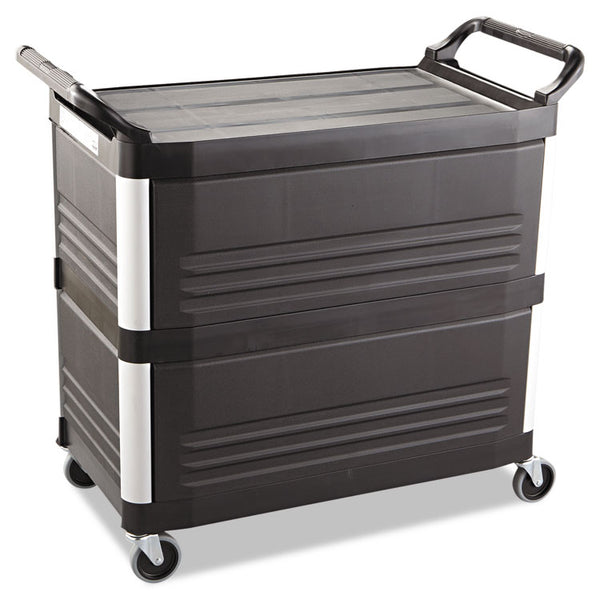 Rubbermaid® Commercial Xtra Utility Cart with Enclosed Sides and Back, Plastic, 3 Shelves, 300 lb Capacity, 20" x 40.63" x 37.8", Black (RCP4093BLA) Each