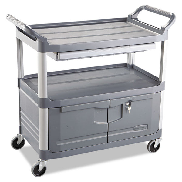 Rubbermaid® Commercial Xtra Instrument Cart with Locking Storage Area, Plastic, 3 Shelves, 300 lb Capacity, 20" x 40.63" x 37.8", Gray (RCP4094GRA)
