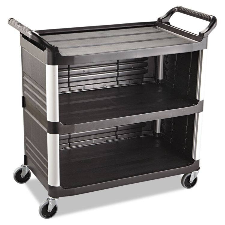 Rubbermaid® Commercial Xtra Utility Cart with Enclosed Sides and Back, Plastic, 3 Shelves, 300 lb Capacity, 20" x 40.63" x 37.8", Black (RCP4093BLA) Each